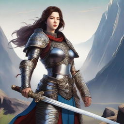 A lady holding a sword in a warrior outfit, standing confidently with a determined look on her face