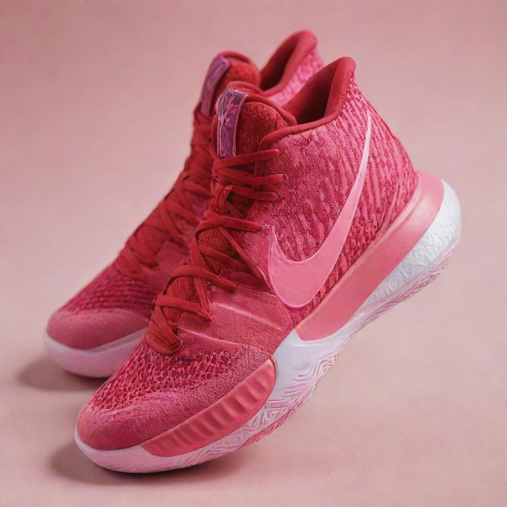 Kyrie 8 Infinity Valentine, a basketball shoe featuring heart-shaped designs, Infinity symbol details and vibrant hues of red and pink, indicating it's a special Valentine edition.