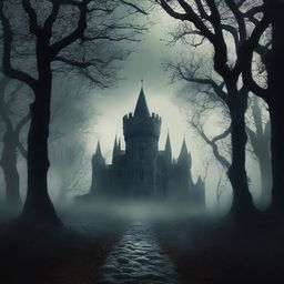 Create an e-novel cover featuring a mysterious, dark forest with a winding path leading to an ancient castle in the distance