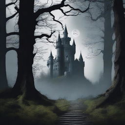 Create an e-novel cover featuring a mysterious, dark forest with a winding path leading to an ancient castle in the distance