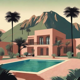 In the center is a terra cotta Finca in Mallorca designed in a 1930s retro style