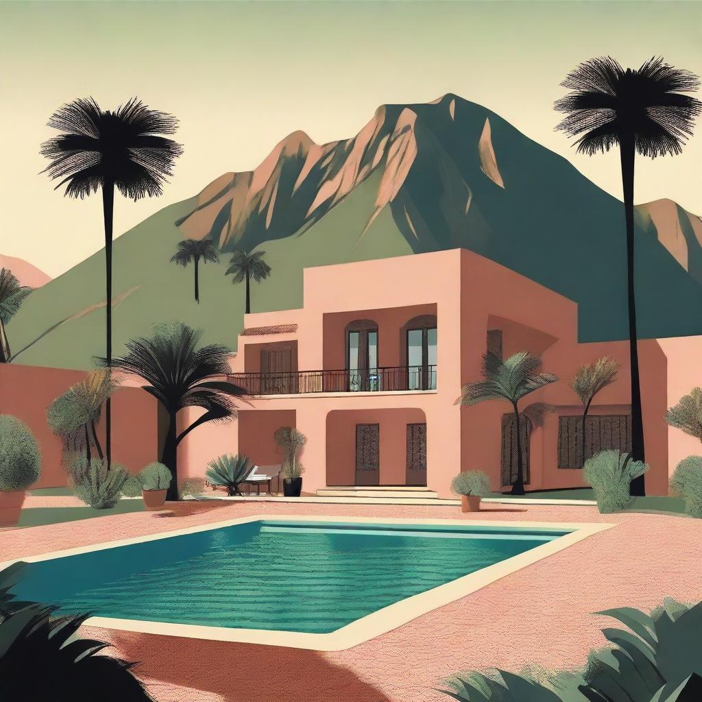 In the center is a terra cotta Finca in Mallorca designed in a 1930s retro style