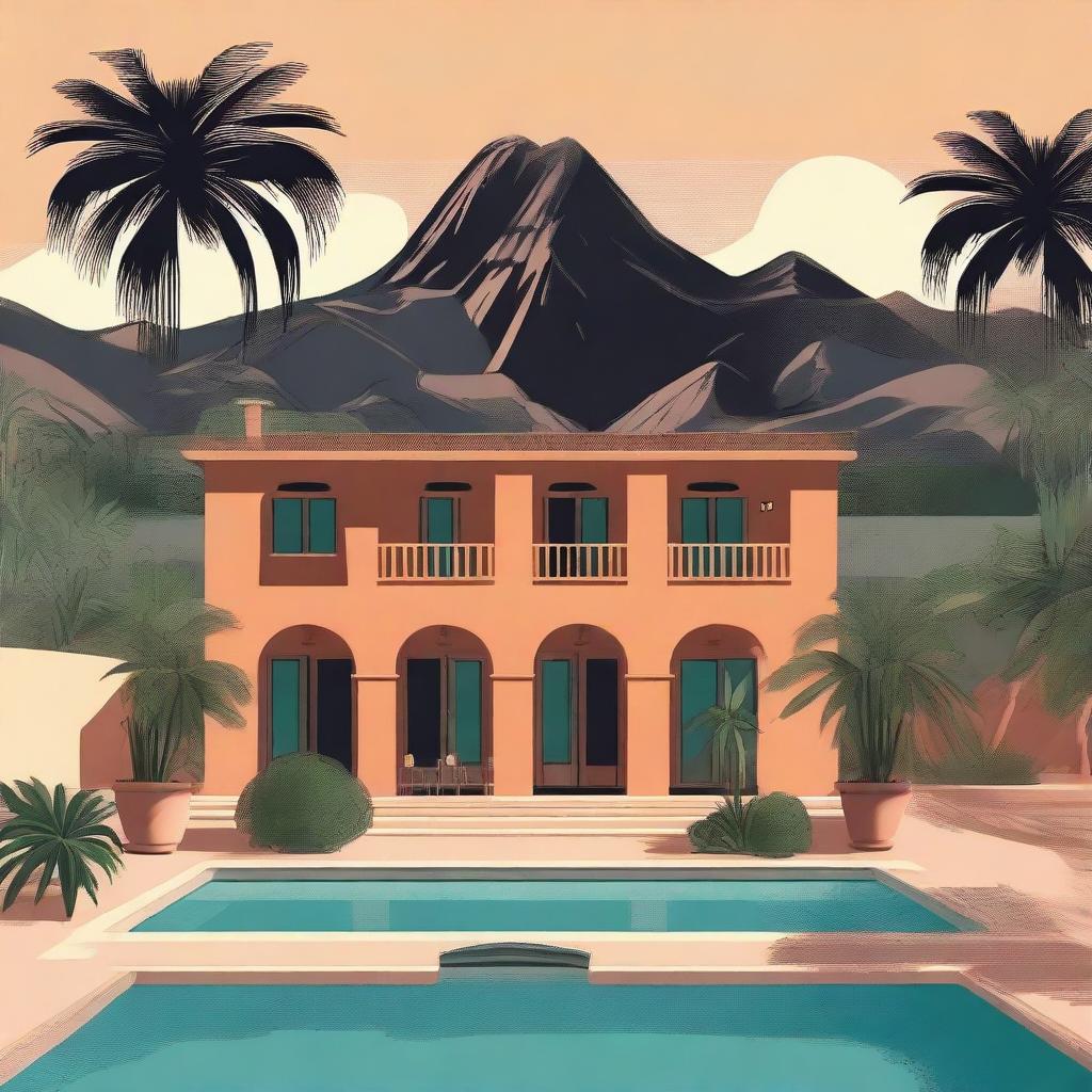 In the center is a terra cotta Finca in Mallorca designed in a 1930s retro style