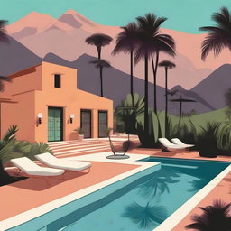 In the center is a terra cotta Finca in Mallorca designed in a 1930s retro style