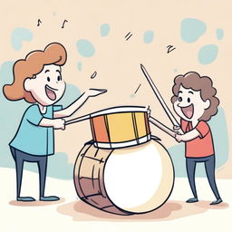 A humorous scene where a person is playfully hitting a drum with a drumstick, with a lighthearted and fun atmosphere