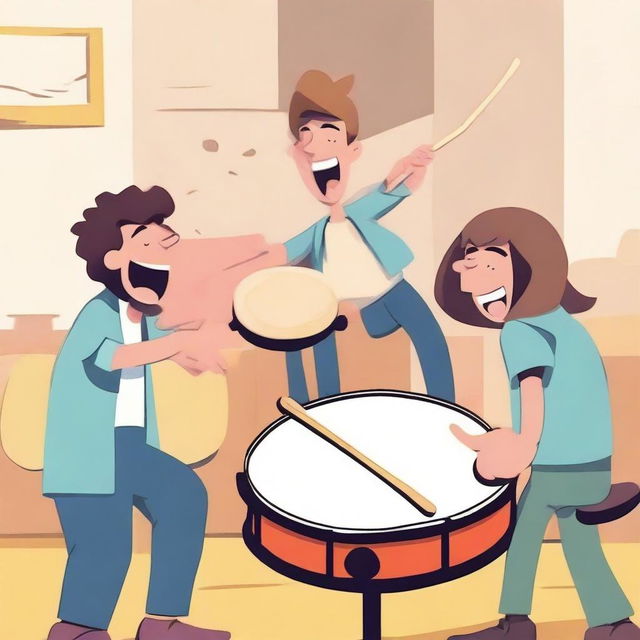 A humorous scene where a person is playfully hitting a drum with a drumstick, with a lighthearted and fun atmosphere