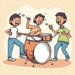 A humorous scene where a person is playfully hitting a drum with a drumstick, with a lighthearted and fun atmosphere