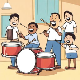 A humorous scene where a person is playfully hitting a drum with a drumstick, with a lighthearted and fun atmosphere