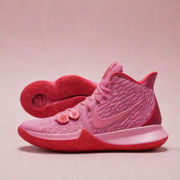 Kyrie 8 Infinity Valentine, a basketball shoe featuring heart-shaped designs, Infinity symbol details and vibrant hues of red and pink, indicating it's a special Valentine edition.