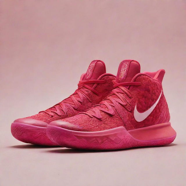 Kyrie 8 Infinity Valentine, a basketball shoe featuring heart-shaped designs, Infinity symbol details and vibrant hues of red and pink, indicating it's a special Valentine edition.