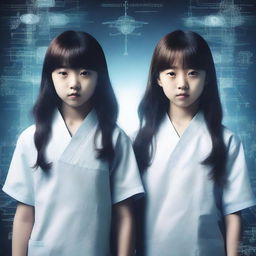 Create a movie poster featuring Korean twins, one boy and one girl, both 13 years old