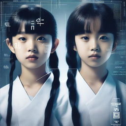 Create a movie poster featuring Korean twins, one boy and one girl, both 13 years old