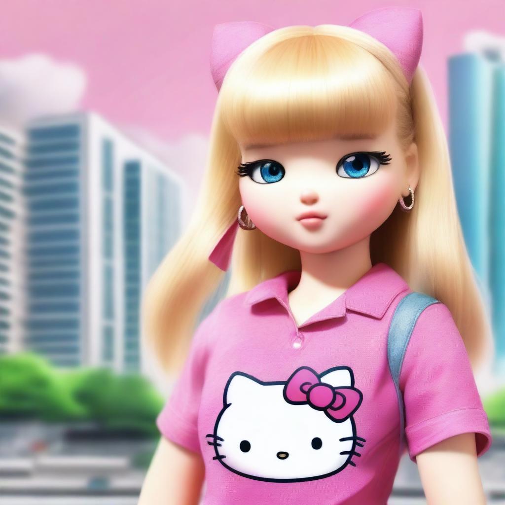 A realistic depiction of Hello Kitty with blonde straight hair, wearing a pink shirt and jeans