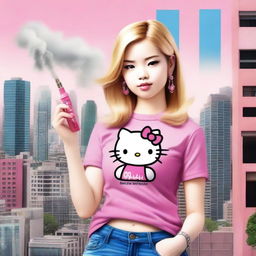 A realistic depiction of Hello Kitty with blonde straight hair, wearing a pink shirt and jeans