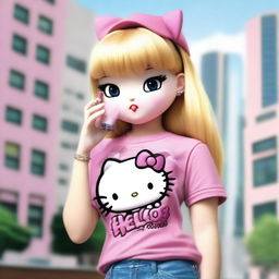 A realistic depiction of Hello Kitty with blonde straight hair, wearing a pink shirt and jeans