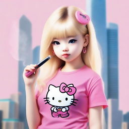 A realistic depiction of Hello Kitty with blonde straight hair, wearing a pink shirt and jeans