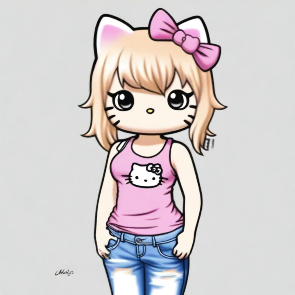 A realistic depiction of Hello Kitty with blonde straight hair and brown eyes, wearing a pink V-line tank top and jeans