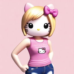 A realistic depiction of Hello Kitty with blonde straight hair and brown eyes, wearing a pink V-line tank top and jeans