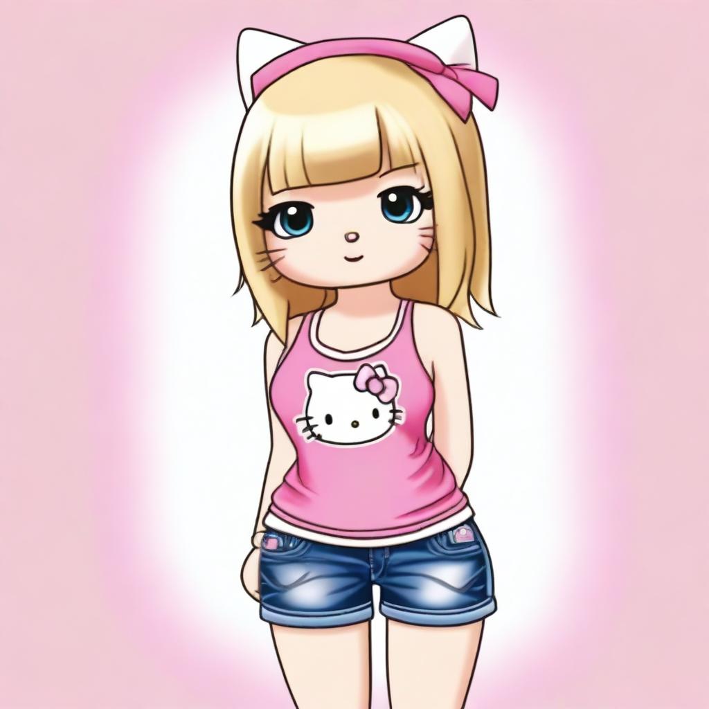 A realistic depiction of Hello Kitty with blonde straight hair and brown eyes, wearing a pink V-line tank top and jeans