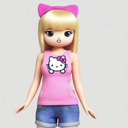 A realistic depiction of Hello Kitty with blonde straight hair and brown eyes, wearing a pink V-line tank top and jeans