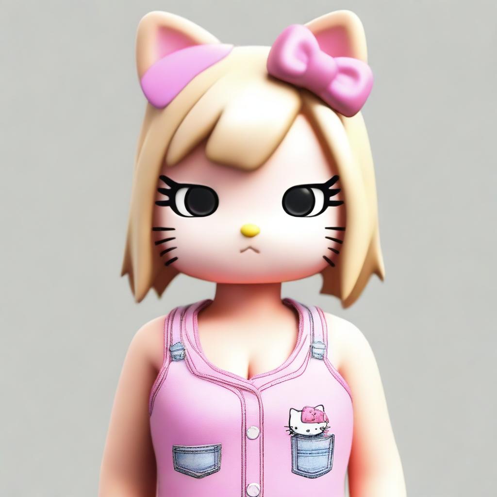 A realistic depiction of Hello Kitty with blonde straight hair and brown eyes, wearing a pink V-line tank top and jeans