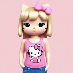 A realistic depiction of Hello Kitty with blonde straight hair and brown eyes, wearing a pink V-line tank top and jeans