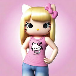 A realistic depiction of Hello Kitty with blonde straight hair and brown eyes, wearing a pink V-line tank top and jeans