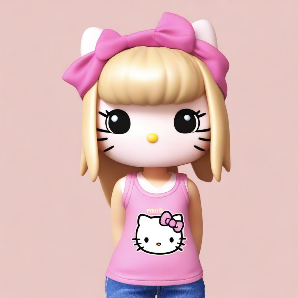 A realistic depiction of Hello Kitty with blonde straight hair and brown eyes, wearing a pink V-line tank top and jeans