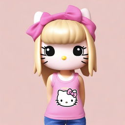 A realistic depiction of Hello Kitty with blonde straight hair and brown eyes, wearing a pink V-line tank top and jeans