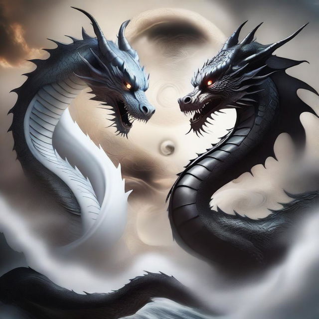 A dynamic scene featuring two dragons engaged in a Taichi battle