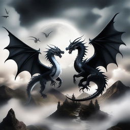 A captivating scene featuring two dragons, one white and one black