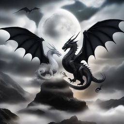 A captivating scene featuring two dragons, one white and one black