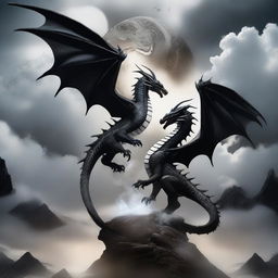 A captivating scene featuring two dragons, one white and one black