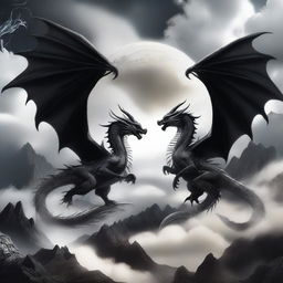 A captivating scene featuring two dragons, one white and one black