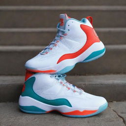 An aesthetically stunning pair of basketball shoes boasting a myriad of vibrant colors, intricate details, high-quality materials, and a design that perfectly balances style, comfort and performance.