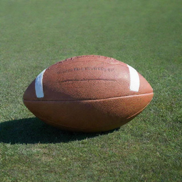 A well-inflated, classic leather football on a bright green grass field under a clear blue sky.