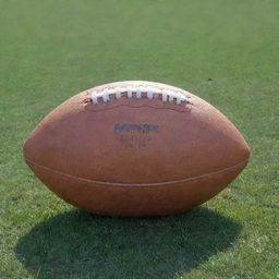 A well-inflated, classic leather football on a bright green grass field under a clear blue sky.