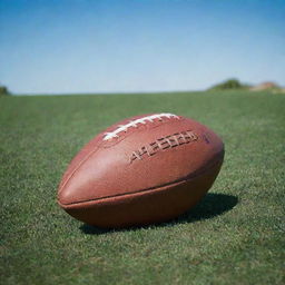 A well-inflated, classic leather football on a bright green grass field under a clear blue sky.