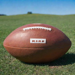 A well-inflated, classic leather football on a bright green grass field under a clear blue sky.