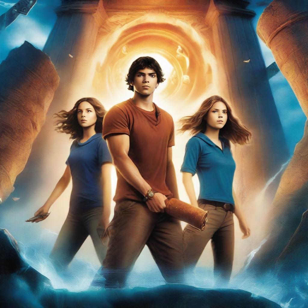 A captivating book cover for a prequel to the Percy Jackson series, focusing on Thalia, Luke, and Annabeth