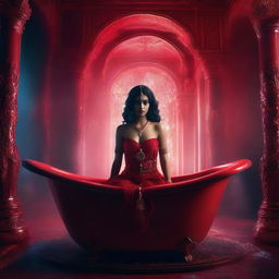 A beautiful Indian girl in a red dress is being arrested in a fantasy-themed bathtub