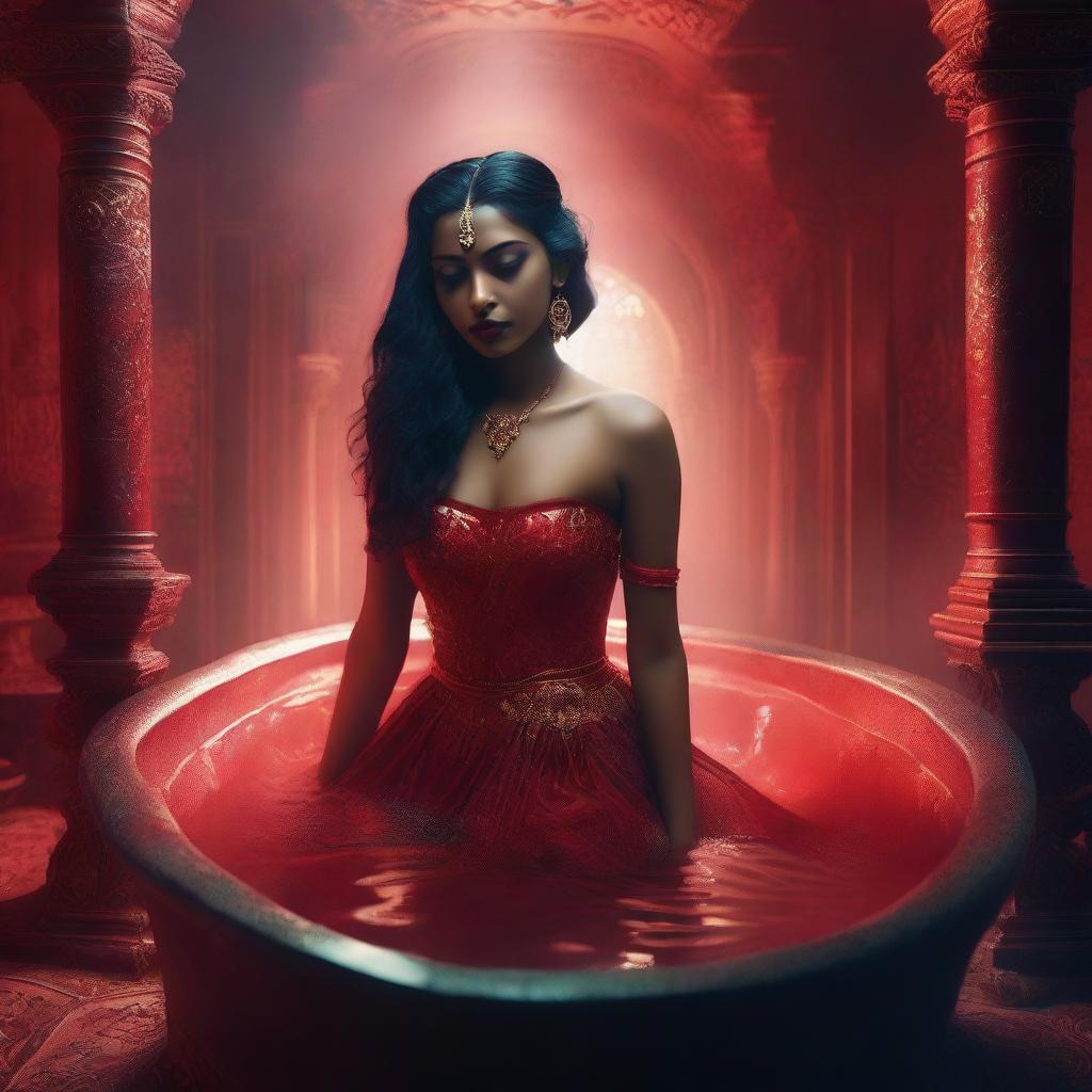 A beautiful Indian girl in a red dress is being arrested in a fantasy-themed bathtub