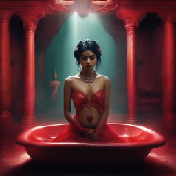 A beautiful Indian girl in a red dress is being arrested in a fantasy-themed bathtub