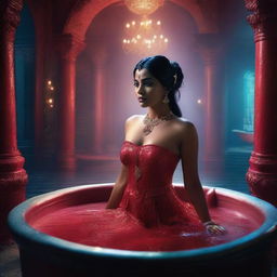 A beautiful Indian girl in a red dress is being arrested in a fantasy-themed bathtub