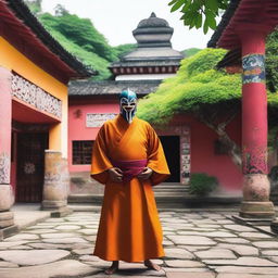 A human monk wearing a colorful lucha libre mask, standing in a serene temple courtyard