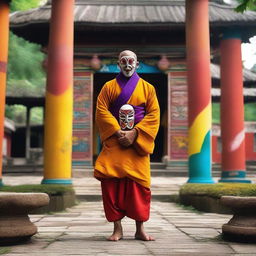 A human monk wearing a colorful lucha libre mask, standing in a serene temple courtyard