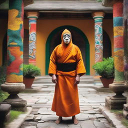 A human monk wearing a colorful lucha libre mask, standing in a serene temple courtyard