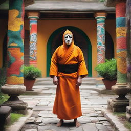 A human monk wearing a colorful lucha libre mask, standing in a serene temple courtyard