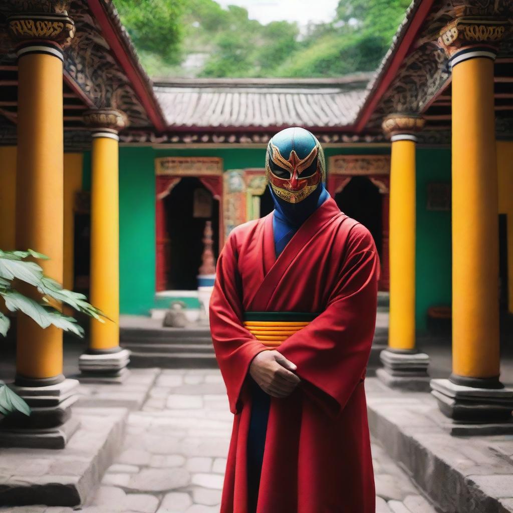 A human monk wearing a colorful lucha libre mask, standing in a serene temple courtyard