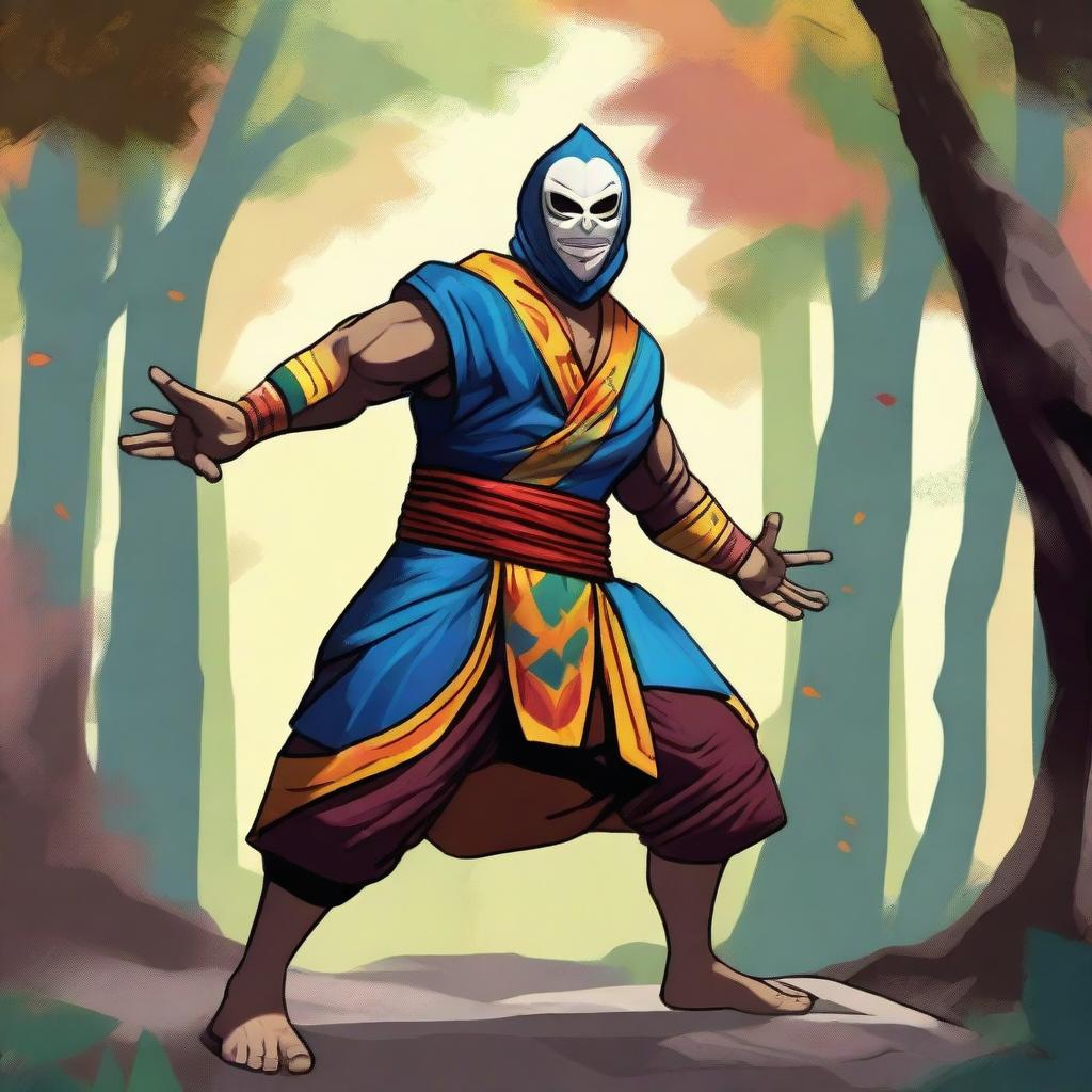 A human warrior monk from Dungeons and Dragons wearing a colorful lucha libre mask